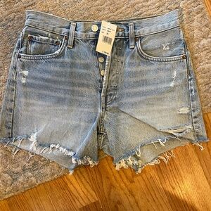 Agolde Parker long high waist cutoff denim shorts with Distressed Hem